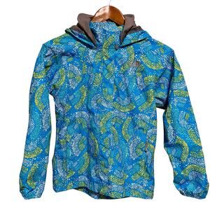 North Face Girls Medium 10/12 Hooded Rain Jacket Blue Green Print